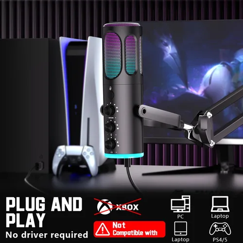 Vista 5 de Microfono para juegos, micrófono condensador USB para PC, PS4/5 y Mac, micrófono de computadora con cancelación de ruido, silencio, reverberación