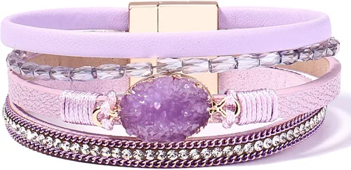 Vista 240 de FANCY SHINY - Pulsera de cuero estilo bohemio, pulsera de cuentas de cristal con cierre magnético, regalos de joyería para mujer