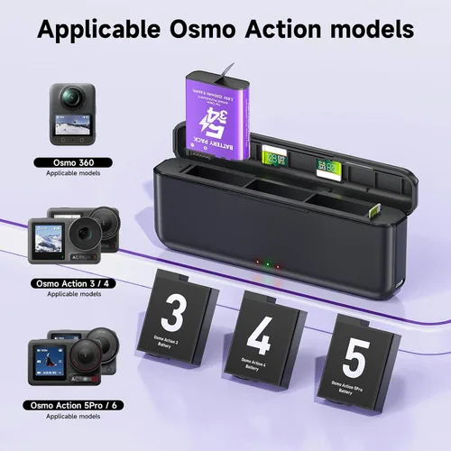 Vista 2 de Osmo Action 5 Pro Cargador de batería para DJI-Osmo Action 5 Pro, Osmo Action 4, Osmo Action 3, Osmo Action 6 y Osmo 360-3 ranura de carga rápida