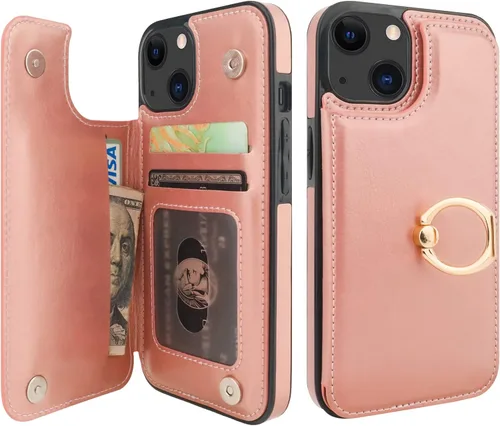 Vista 24 de ONETOP Funda tipo cartera para iPhone 13 con soporte para tarjetas, anillo de rotación de 360°, bloqueo RFID, doble cierre magnético, a prueba