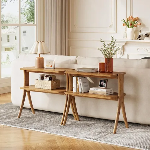 Vista 6 de LITTLE TREE Mesa auxiliar estrecha, mesa de centro de 2 niveles estilo granja con patas de madera maciza, mesa auxiliar pequeña, ahorradora