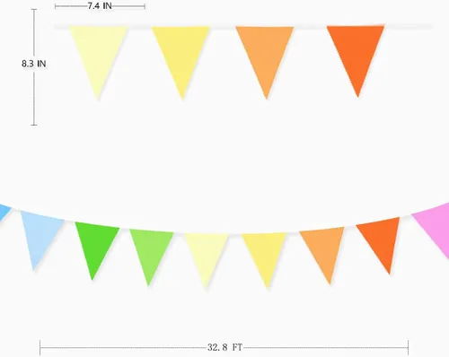 Vista 2 de Kit de decoración de fiesta de arcoíris de 32 pies de tela colorida triangular, banderines de banderines de algodón para cumpleaños, boda, baby