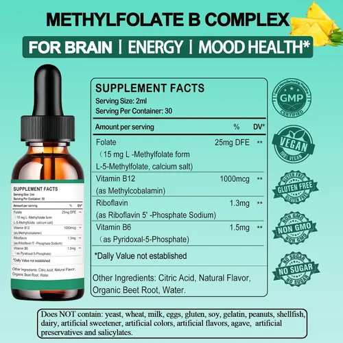 Vista 7 de Suplemento de metilfolato gotas líquidas, L Methy Folate 15mg Plus Methy B12, B6, B2 Multivitamínico, Metabólicamente Activo 5-MTHF
