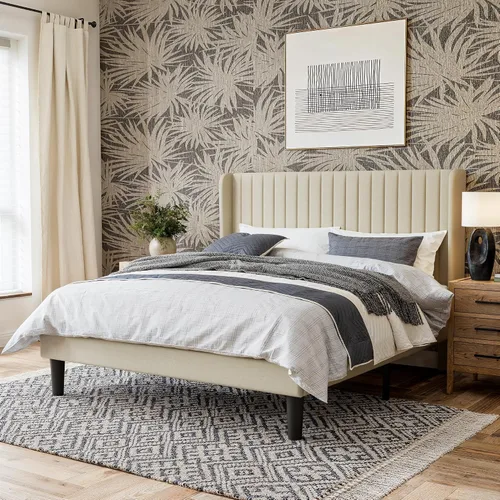 Vista 12 de GOLDORO Marco de cama King Size con base elevada, cabecera tapizada con botones verticales y alas, soporte de listones de madera, no necesita