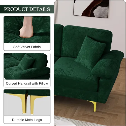 Vista 4 de OUYESSIR Sofá modular en forma de L, sofá de terciopelo de 3 plazas con otomana y almohadas, cómodo sofá cama tapizado para sala de estar, Verde