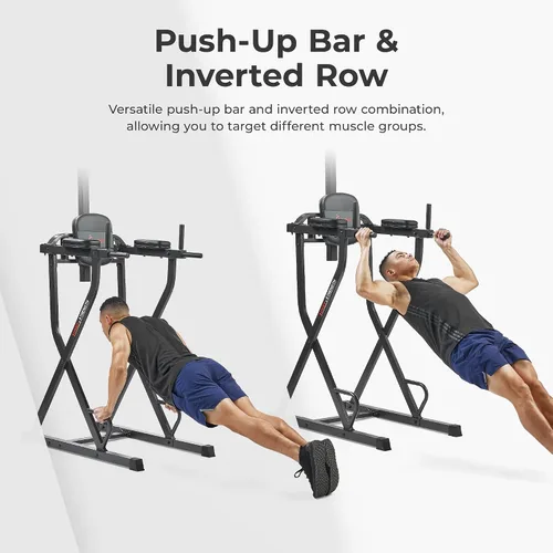 Vista 5 de Sunny Health & Fitness Power Tower Dip Station & Pull-Up Bar, Multi-Function Strength Training Equipment with Captain’s Chair, Push-Up Bars & Core