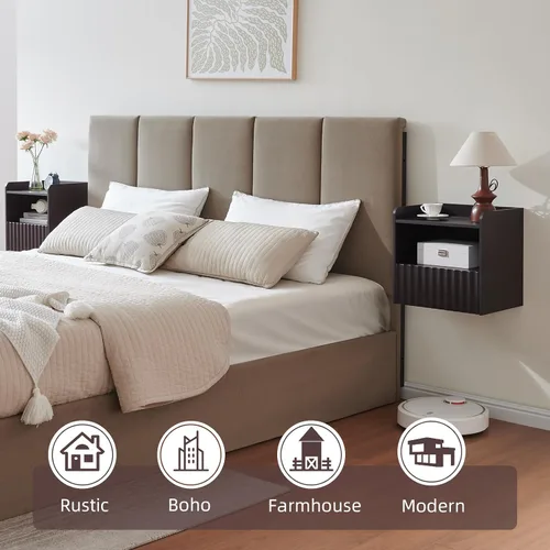Vista 3 de BuildHom Moderna mesita de noche flotante acanalada montada en la pared, juego de 2 mesitas de noche con cajón de almacenamiento y estante