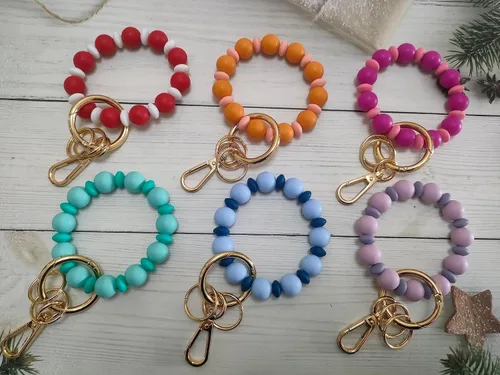 Vista 9 de Junyuerly Pulsera Llavero de Silicona con Cuentas para Mujeres, Brazalete Elástico con Anillo de Llaves Cuenta azul