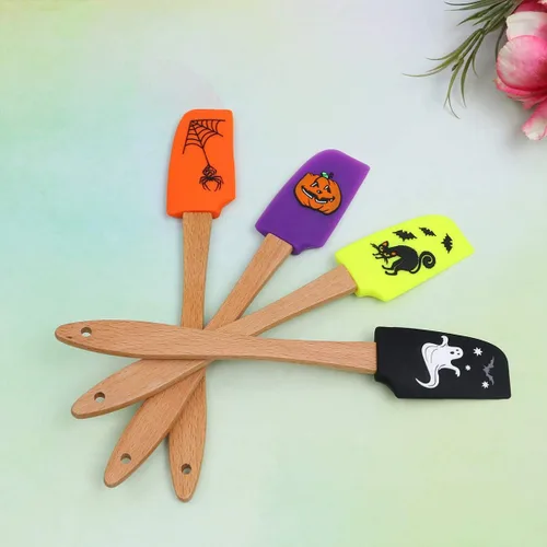 Vista 5 de Hemoton 4 piezas de espátula de silicona con mango de madera de Halloween, utensilios de cocina para hornear para panadería casera