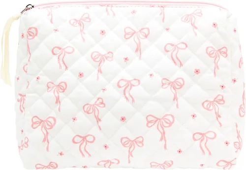 Vista 44 de PAZIMIIK - Bolsa de maquillaje de algodón para mujer, grande, acolchada para viaje, Rosa (Bow Pink), Vintage