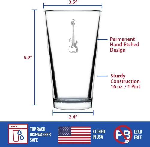 Vista 4 de Vaso de pinta de bajo eléctrico personalizado para cerveza, regalos de música para bajistas, profesores y accesorios musicales para músicos que