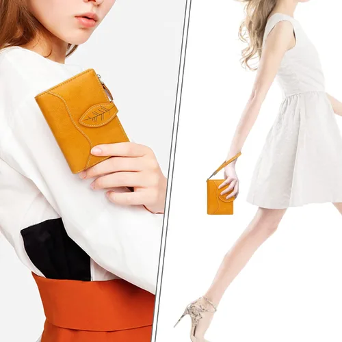Vista 2 de CONISY Cartera pequeña para mujer, cartera compacta de cuero plegable con correa de muñeca con bloqueo RFID para mujer, Amarillo, Casual, clásico