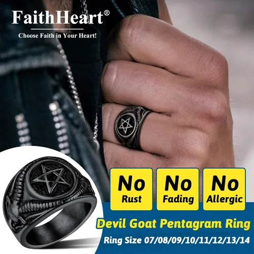 Vista 2 de FaithHeart Satanic Jewelry - Anillos de cabra baphomet con símbolo de Lucifer Satanás para hombres y mujeres talla 7891011121314 personalizado