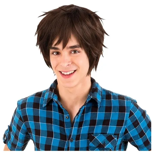 Vista 3 de Peluca marrón para hombre, corta, esponjosa, recta, pelo en capas Natural Marrón