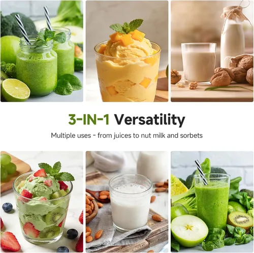 Vista 10 de Máquinas exprimidoras 3 en 1 de prensa en frío con canal de alimentación grande de 6.5 pulgadas para frutas y verduras enteras, gran capacidad
