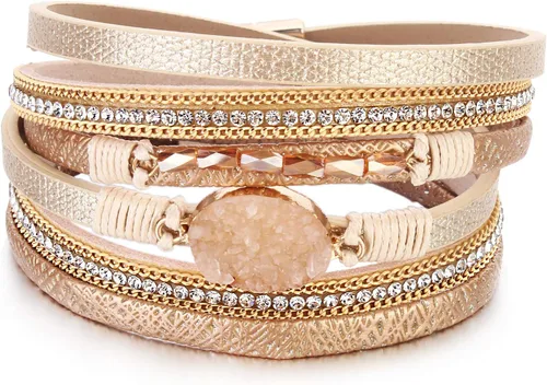 Vista 97 de FANCY SHINY - Pulsera de cuero estilo bohemio, pulsera de cuentas de cristal con cierre magnético, regalos de joyería para mujer