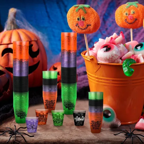Vista 7 de Sunnyray 48 vasos de chupito de plástico para Halloween a granel de 2 onzas de plástico duro transparente, vasos desechables coloridos de sabor