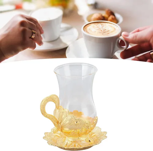 Vista 7 de Tazas de café doradas, gabinete de vino de aleación de zinc, platillo dorado para taza de té con mesa de té, taza de agua para exquisitos