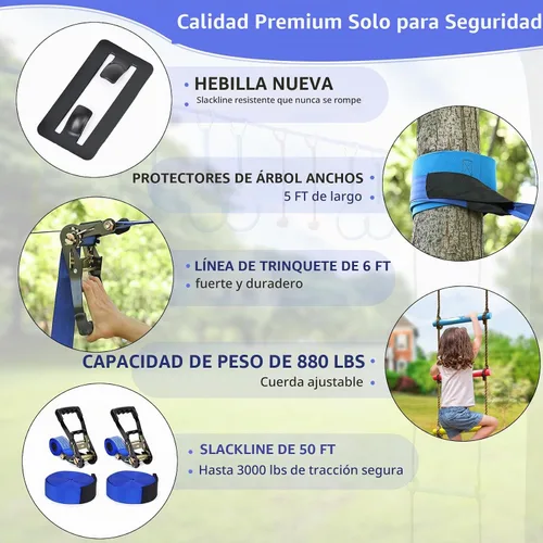 Vista 4 de Ninja Warrior - Carrera de obstáculos para niños, kit de línea floja de 2 x 56 pies con 10 accesorios ninja, barra de mono, escalera de cuerda