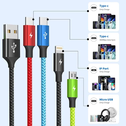 Vista 2 de Travel Essentials - Cable de carga múltiple [2 unidades de 5 pies], accesorios de automóvil, cables de carga 4 en 1, cable USB, cargador de teléfono