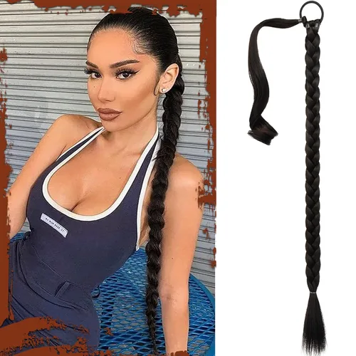 Vista 7 de SOFEIYAN Extensión de cola de caballo trenzada larga con banda elástica y mechón liso envolvente, extensiones de cabello naturales suaves