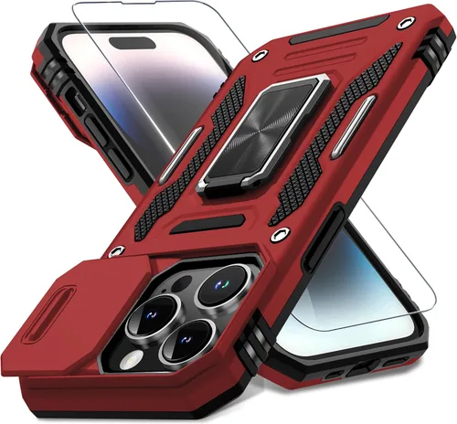 Vista 211 de DEERLAMN Funda para iPhone Xs Max con funda deslizante para cámara + protector de pantalla, soporte giratorio de anillo de grado militar a prueba