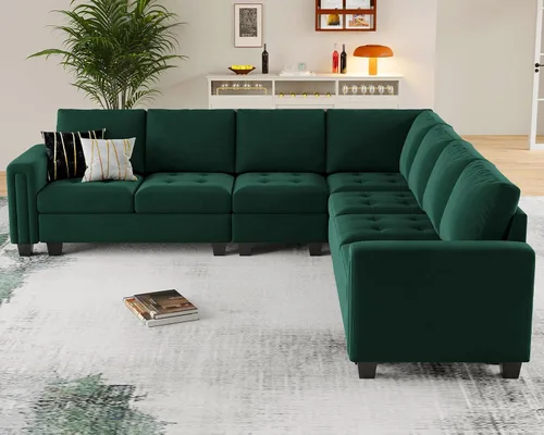 Vista 3 de Belffin Sofá modular de terciopelo en forma de L, sofá seccional convertible de gran tamaño con diván reversible para sala de estar, verde
