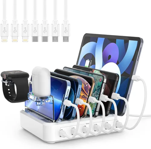 Vista 8 de Estación de carga para múltiples dispositivos, estación de carga USB de 68W y 6 puertos con carga rápida USB-C PD de 20W, 8 cables compatibles