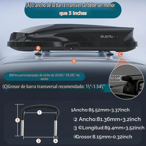 Vista 2 de Portaequipajes de techo rígido, caja de techo de 14 pies cúbicos con bloqueo de seguridad, apertura de doble lado, instalación sin herramientas