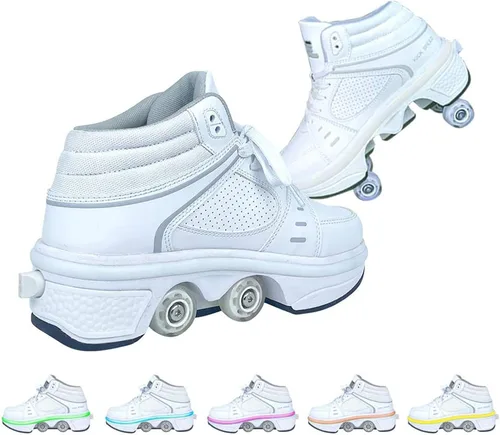Vista 12 de Zapatos de patinaje convertibles para hombres y mujeres, zapatos de paseo automáticos para niños y adultos, patines con doble fila de ruedas, ruedas
