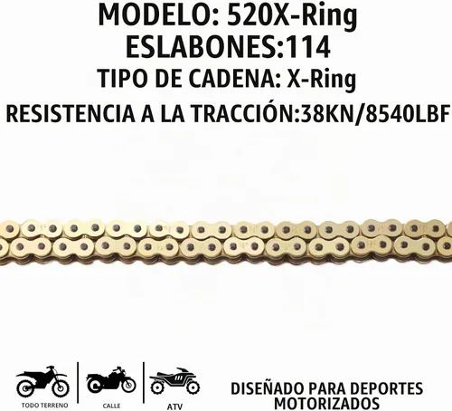 Vista 2 de Cadena de anillo en X de oro 520 + rompe cadena, 114 eslabones con eslabón maestro de conexión