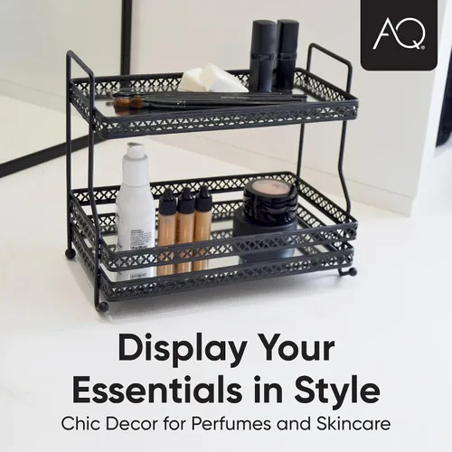 Vista 7 de AQ Organizador de baño de 2 niveles para encimera, bandeja de espejo de tocador negro mate para cuidado de la piel y organizador de maquillaje
