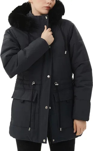 Vista 4 de MOERDENG Abrigo de invierno cálido para mujer, con forro polar grueso, chaqueta de plumón de piel sintética, capucha desmontable, ropa de abrigo