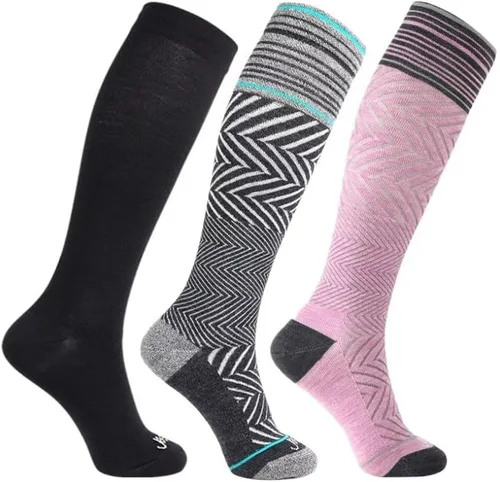 Vista 15 de ja vie Calcetines de compresión graduados de 76% lana merino para mujeres y hombres (15-20 mmHg), 2 Pares: 1 Negro Puro+1 Denim, S