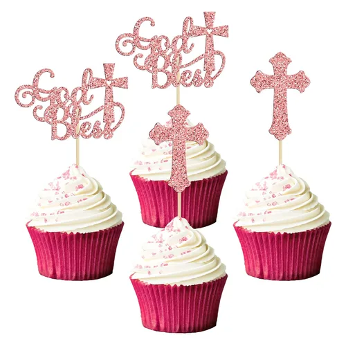 Vista 10 de Gyufise 24 piezas de decoración de pastel de Dios bendiga y decoración de bautizo para cupcakes, cruces de Dios bendiga, adornos de cupcake