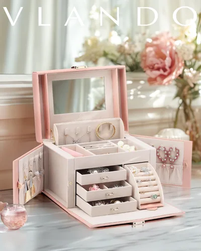 Vista 7 de Vlando Joyero de piel sintética, organizador mediano de joyería, regalo vintage para mujer, patrón de cruz rosa
