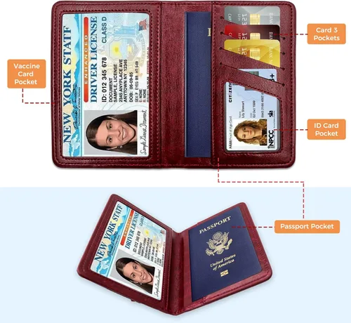 Vista 2 de Soporte para pasaporte para artículos esenciales de viaje, con bloqueo RFID, funda para tarjetas, funda de piel sintética para pasaporte