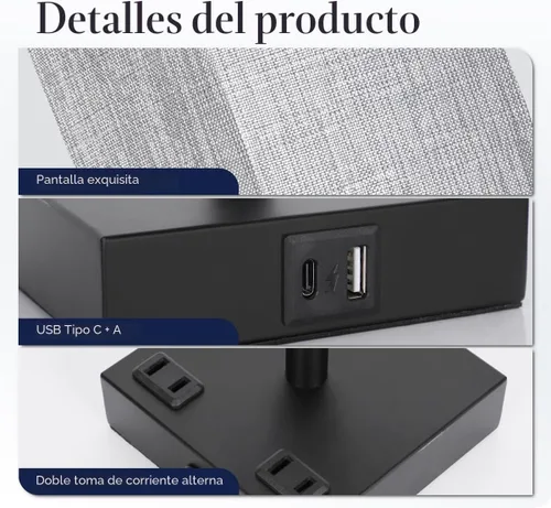 Vista 5 de Lámpara de Mesa de Noche para Dormitorio - Lámpara Pequeña Táctil con Puertos de Carga USB C+A y Tomacorrientes de CA, Luz de Mesa de Noche Gris