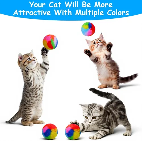 Vista 6 de 40 bolas de peluche suave para gatos de 1.7 pulgadas, pompón arcoíris para gatos, bolas de juguete mullidas para gatitos persecución de hilo