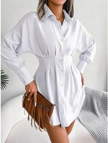 Vista 3 de Mini vestido camisero, plisado cintura ceñida asimétrica, vestido camisero blanco manga de fibra de poliéster, mini cuello de solapa abotonado