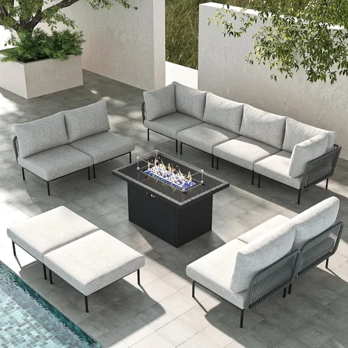 Vista 34 de LayinSun Juego de muebles de patio de aluminio de 7 piezas, sofá modular moderno con mesa auxiliar y cojín de grosor mejorado Gris claro
