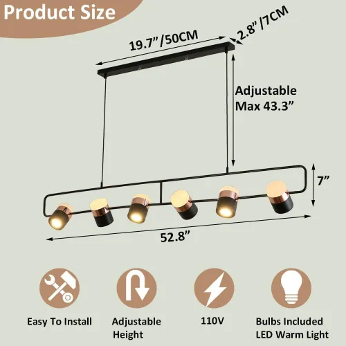 Vista 7 de Luces colgantes de isla de cocina, 6 luces negras industriales lineales LED candelabro ajustable para comedor, sala de estar, mesa de piscina, barra