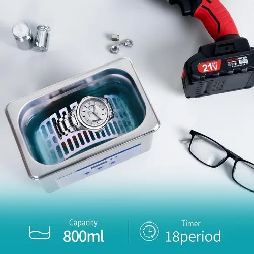 Vista 4 de LICHEN Limpiador ultrasónico profesional de 0.8L limpiador ultrasónico de piezas con temporizador digital, máquina de limpieza de joyas de acero