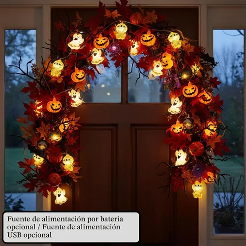 Vista 3 de Guirnalda de luces de Halloween, 10 pies, 20 luces LED de otoño, USB y batería, decoración de Halloween, luz de otoño, 8 modos intermitentes, bonita
