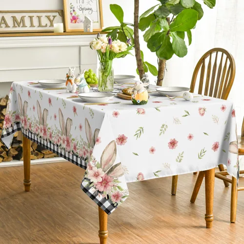 Vista 4 de Horaldaily Mantel de Pascua rectangular de 52 x 70 pulgadas, diseño de flor de primavera, diseño de búfalo a cuadros, para decoración de fiestas