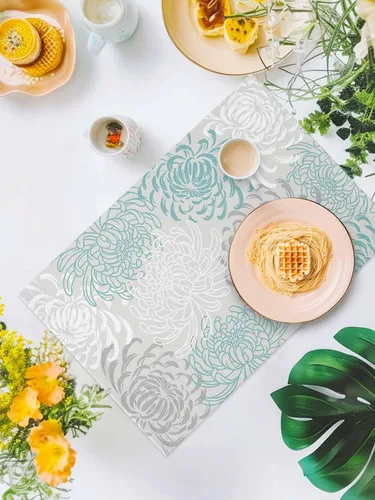 Vista 5 de Juego de 4 manteles individuales para mesa de comedor, diseño de crisantemo, color aguamarina, lino de algodón, impermeable, fácil de limpiar