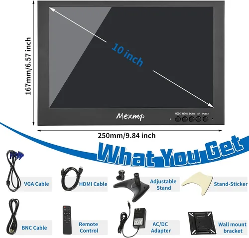 Vista 7 de 10.1" Mini HDMI Monitor 1920x1200 16:10 IPS Metal Housing LCD Display Support HDMI/VGA/AV/BNC Input with Remote Control Built-in Speaker for PC