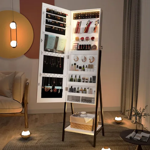 Vista 2 de LVSOMT Armario de joyería independiente con 3 LED con espejo de longitud completa, organizador de armario de joyería con cerradura, espejo grande