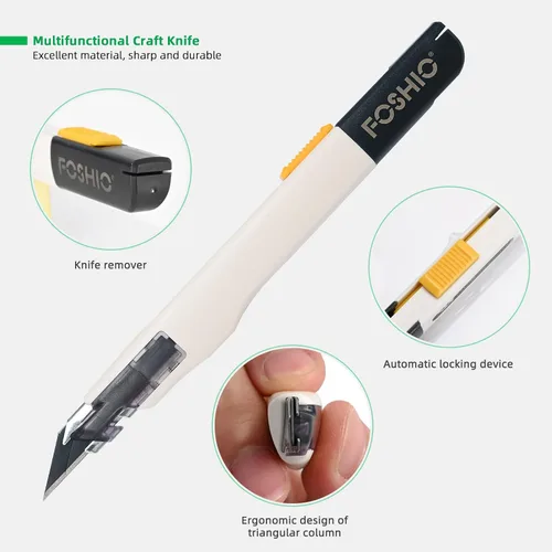Vista 8 de FOSHIO Cuchillo de manualidades para arte, manualidades, fabricación de modelos, cuchillo utilitario retráctil con bloqueo automático con 10