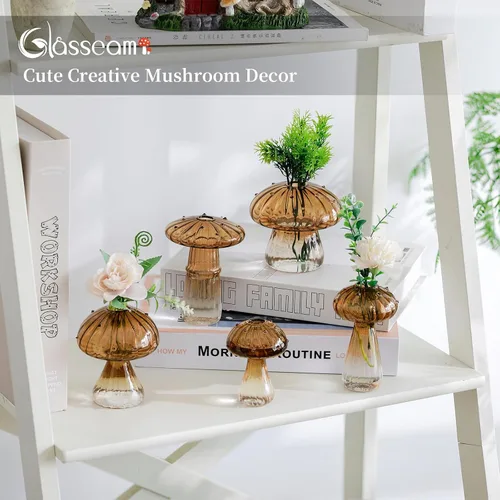 Vista 4 de Glasseam Jarrón de Seta de Cristal Ámbar: Lindo Juego de Jarrones Pequeños para Flores de 5 Jarrones Únicos Mini para Capullos para Centros de Mesa
